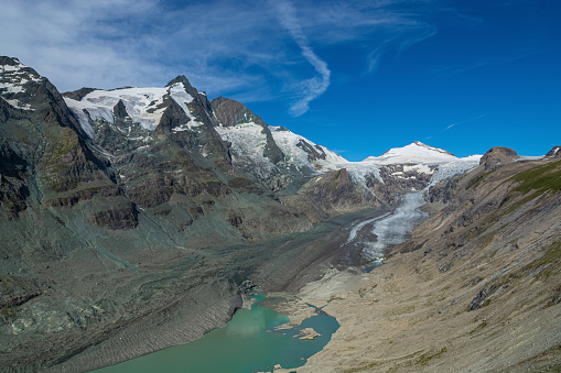 Grossglockner summit and massif mirroring in turquoise glacier lake, Austria Hohe Tauren National Park