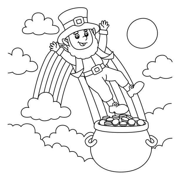 ilustraciones, imágenes clip art, dibujos animados e iconos de stock de dibujo para colorear de leprechaun del día de san patricio para niños - st patricks day irish culture child leprechaun