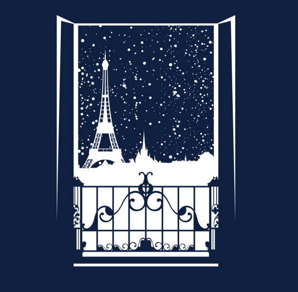 window over Paris night scene with falling snow - open balcony door and winter city view vector design open balcony doors and window view over night Paris city skyline under snowfall - travel to France to celebrate Xmas and new Year vector design eiffel tower winter stock illustrations