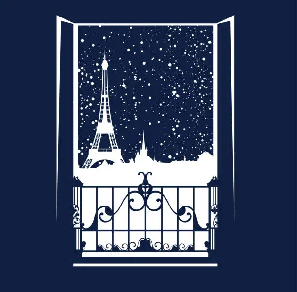 Vector illustration of window over Paris night scene with falling snow - open balcony door and winter city view vector design