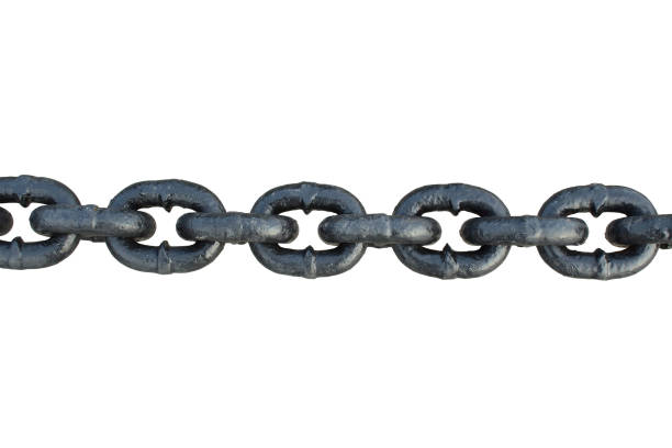 Large thick black metal industrial chain. Close-up. Horizontal view. The isolated object on a white background. Isolate.