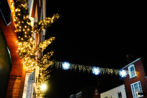 istock Christmas lights in a town centre high up 1359706243
