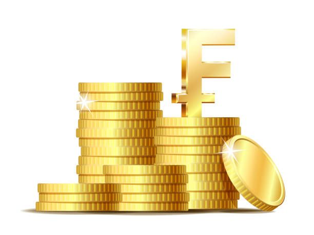 ゴールド光沢のあるスイスフラン通貨記号を持つコインのスタック。 - swiss francs illustrations点のイラスト素材／クリップアート素材／マンガ素材／アイコン素材