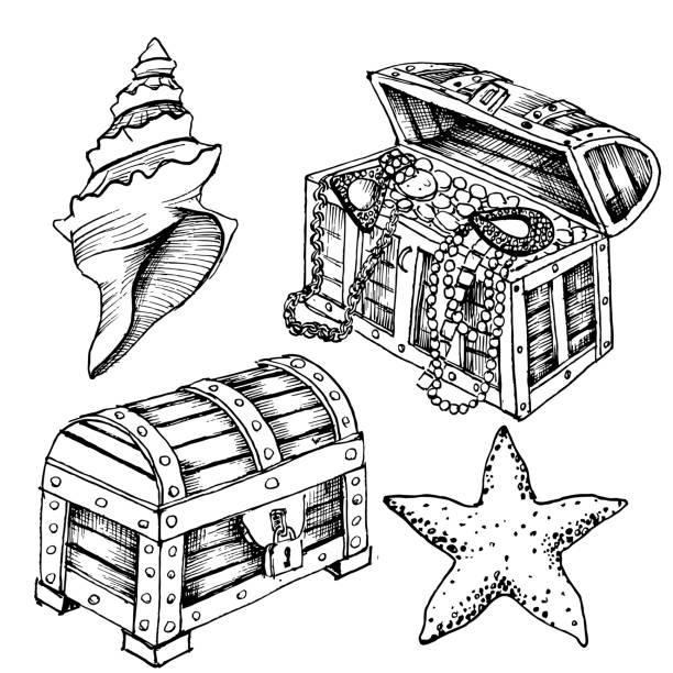 Drawing treasure chest set of ink drawings on the marine theme. Seashells, treasure chests, opened and closed. Bundle of icons and logos. Vector illustration. marine life logo stock illustrations