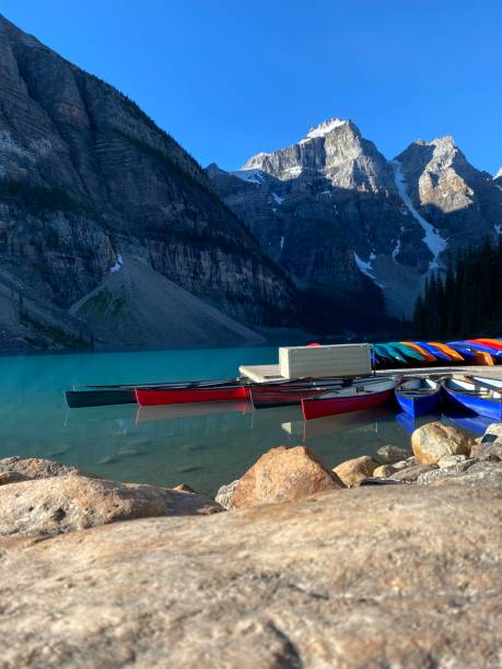 istock Moraine lake canoes at the dock 1359712256