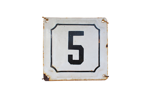 An old square metal plaque with the number five. House number pointer. Close-up. Front view. The isolated object on a white background. Isolate.