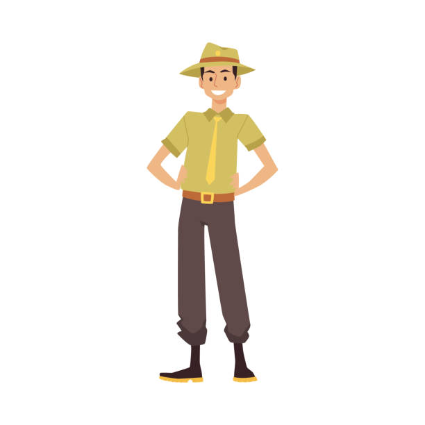 Ranger in uniform protects environment, forest. Cartoon male officer in flat Ranger in uniform protects environment, forest. Cartoon male officer in national park protects flora, fauna from fires. Scout man in flat vector illustration isolated on white background. park ranger stock illustrations