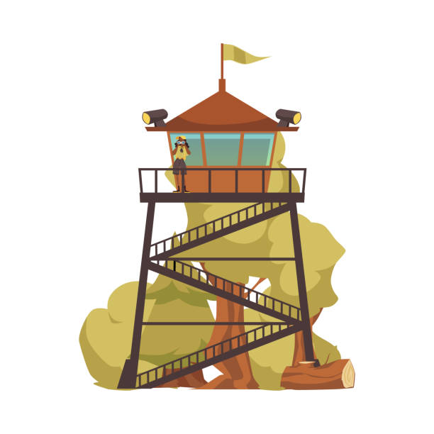 Fire watch tower. Ranger look at the forest with binoculars to detect smoke, cartoon illustration. Fire lookout tower. Fire watch tower. Female ranger look at the forest with binoculars to detect smoke of wildfire, cartoon vector illustration. Fire lookout tower or watchtower . lookout tower stock illustrations