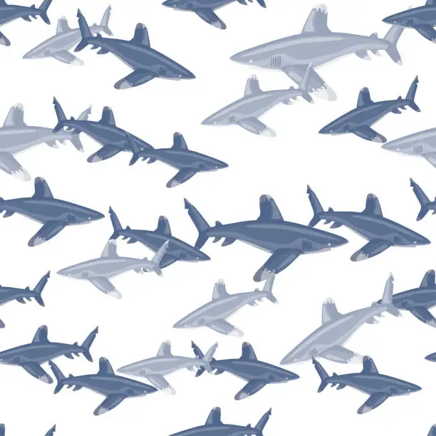 Vector illustration of Oceanic whitetip shark seamless pattern in scandinavian style. Marine animals background. Vector illustration for children funny textile.