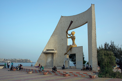 Dakar, Senegal - May 27, 2014: The Third Millennium Gate located on the Corniche-Ouest, was\ndesigned by Senegalese architect Pierre Goudiaby Atepa and opened on April 3, 2001