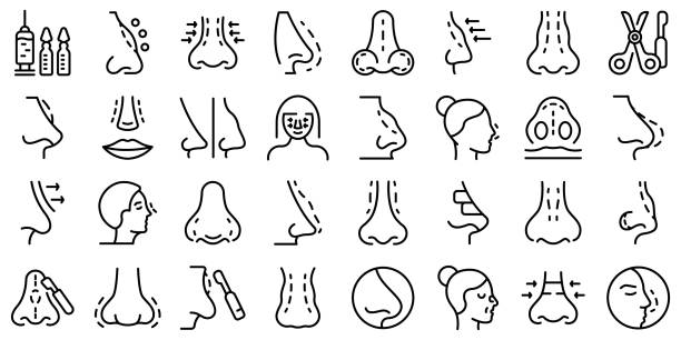 ilustrações de stock, clip art, desenhos animados e ícones de rhinoplasty icons set outline vector. human nose - nose job