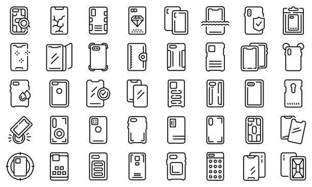 Smartphone case icons set outline vector. Cover case Smartphone case icons set outline vector. Cover case. Glass crash phone cover isolated stock illustrations