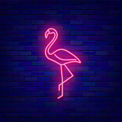 Pink flamingo neon icon. Wild bird in Africa. Birthday present. Outer glowing effect poster. Natural design on brick wall. Luminous label. Editable stroke. Vector stock illustration