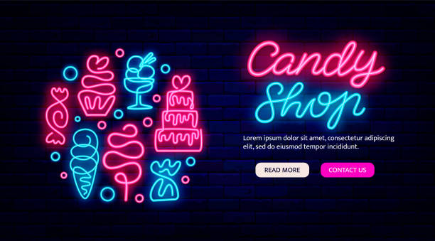 istock Candy shop landing page template. Sweets one line drawing neon circle layout. Night bright logo. Vector illustration 1359718194