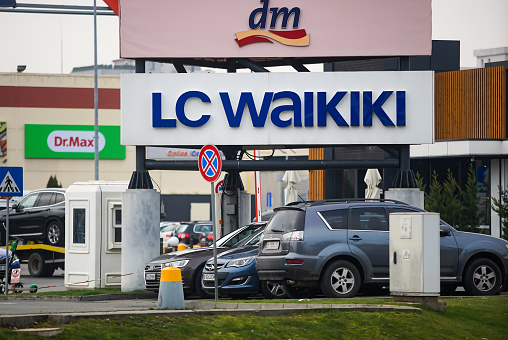 Bucharest, Romania - December 09, 2021: The signs of the Turkish clothing retailer LC Waikiki are present on a mall signal tower in Bucharest, Romania. This image is for editorial use only.