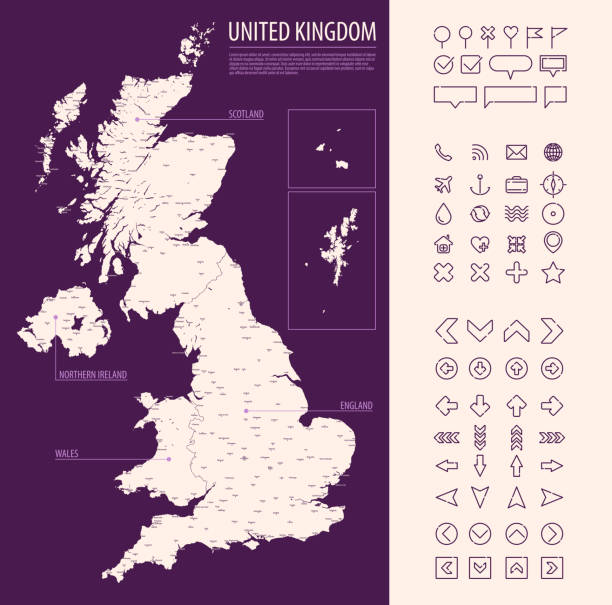 szczegółowa mapa wielkiej brytanii z podziałami administracyjnymi na ciemnym tle, duże miasta i zestaw ikon, ilustracja wektorowa - uk map regions england stock illustrations