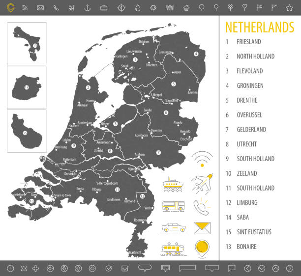 szczegółowa monochromatyczna mapa holandii, szare terytorium kraju z granicami geograficznymi i podziałami administracyjnymi na białym tle, zestaw ikon podróży, ilustracja wektorowa - netherlands map cartography silhouette stock illustrations