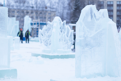 Production of ice figures for New Year and Christmas. Decorations for New Year.