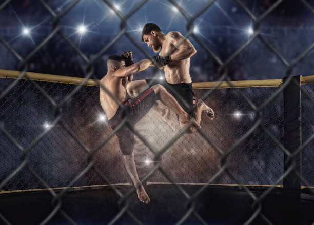 los boxeadores de mma pelean en peleas sin reglas - mixed martial arts combative sport boxing kicking fotografías e imágenes de stock