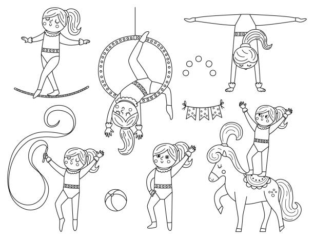 후프, 말, 리본체조 선수 소녀가 있는 벡터 흑백 세트. 귀여운 재미 곡예사. 서커스 또는 스포츠 아티스트 개요 클립 아트. 오락 휴가 라인 아이콘. 페스티벌 캐릭터 색칠 페이지 - traditional festival juggling women performer stock illustrations