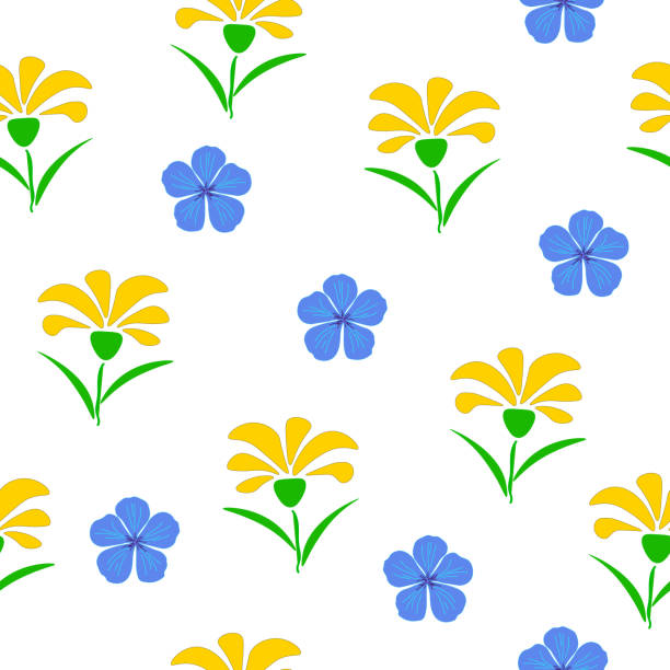 ilustraciones, imágenes clip art, dibujos animados e iconos de stock de patrón sin costuras flores amarillas abstractas y geranio violeta sobre fondo blanco., vector eps 10 - easter lily lily white backgrounds