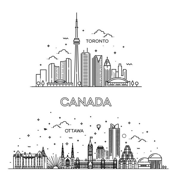kanada, line art vektorillustration mit allen berühmten gebäuden - toronto stock-grafiken, -clipart, -cartoons und -symbole