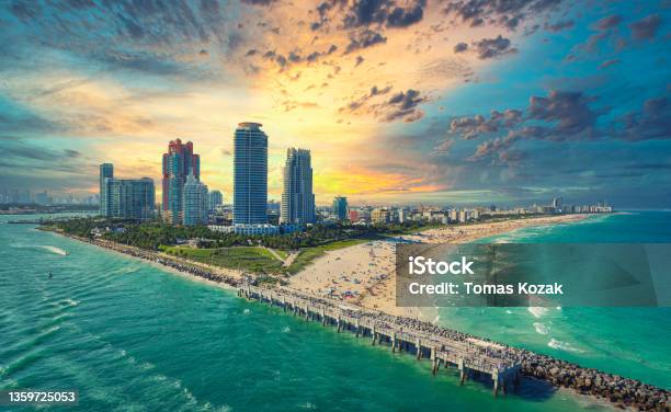 Sunset In Miami South Beach Florida Usa Stock Photo - Download Image Now - Miami, South Beach, Urban Skyline
