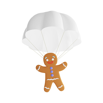 3D parachute with a gingerbread man, isolated on a white background, 3d rendering