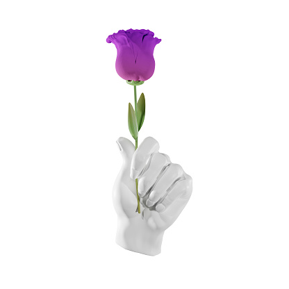 3D plaster sculpture of a hand holding a purple rose, isolated on a white background, 3d rendering