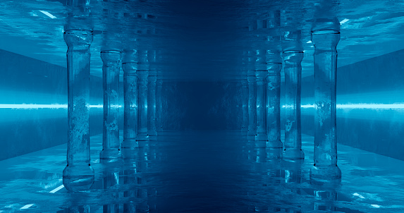 3d rendering. A blue room with a reflective surface with a slave of ice columns in neon light. Interior for your design.