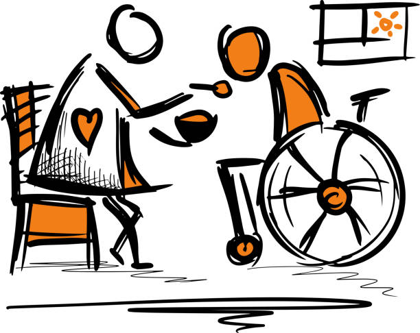 Patient in a Wheelchair gets food. Nursing Assistant, CNA, Caregiver or Nurse's Aide working in the Nursing Home/Hospital. Patient in a Wheelchair gets food. Vector graphics. Nurse, Nursing Assistant, Nurse's Aide, CNA, Caregiver, Clinic, Health Care. Nursing Home/Hospital. wheelchair lift stock illustrations