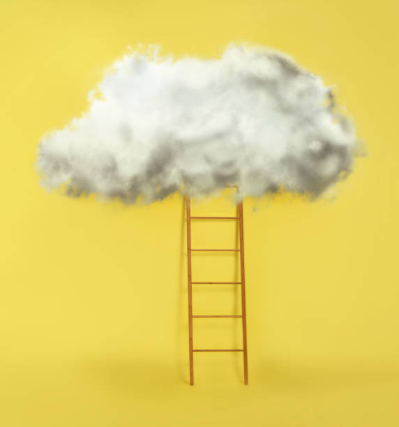 istock Wooden ladder with cloud on yellow background. Conceptual design 1359734897