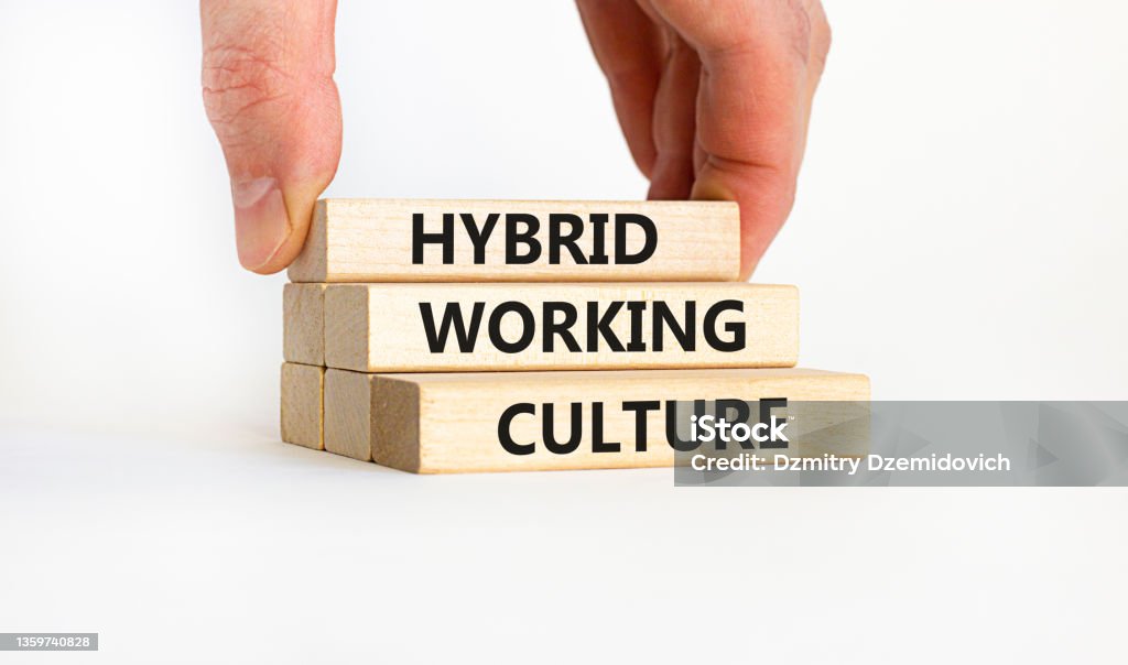 Hybrid working culture symbol. Concept words 'hybrid working culture'. Businessman hand. Beautiful white background. Business and hybrid working culture concept, copy space. Hybrid Workplace Stock Photo