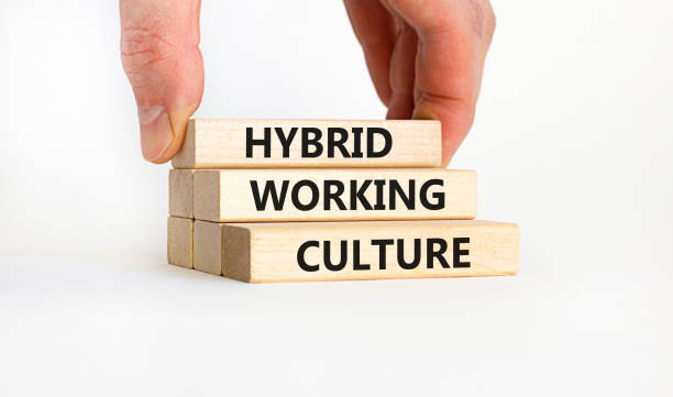 Hybrid working culture symbol. Concept words 'hybrid working culture'. Businessman hand. Beautiful white background. Business and hybrid working culture concept, copy space. stock photo