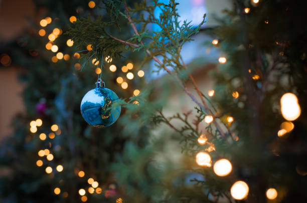 Vivid Christmas decorations on the pine tree branch closeup