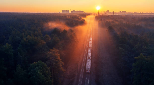 istock A freight train travels through a foggy forest. 1359741091