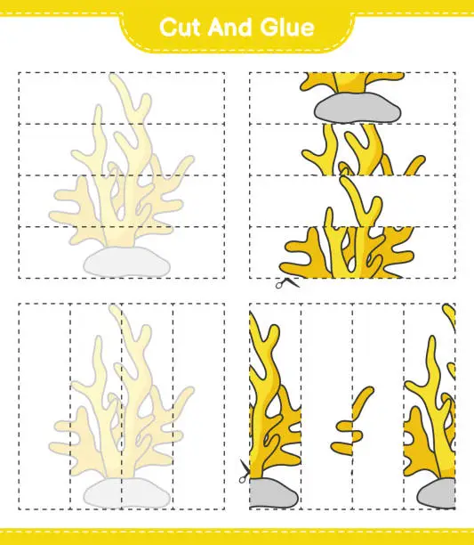 Vector illustration of Cut and glue, cut parts of Coral and glue them. Educational children game, printable worksheet, vector illustration