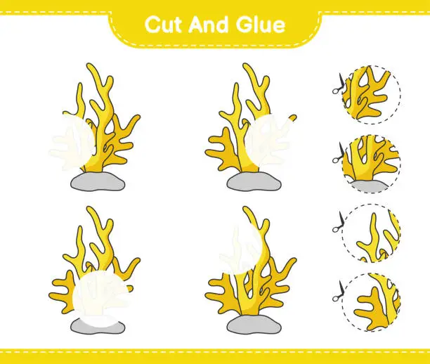 Vector illustration of Cut and glue, cut parts of Coral and glue them. Educational children game, printable worksheet, vector illustration