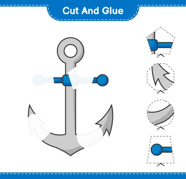 Vector illustration of Cut and glue, cut parts of Anchor and glue them. Educational children game, printable worksheet, vector illustration