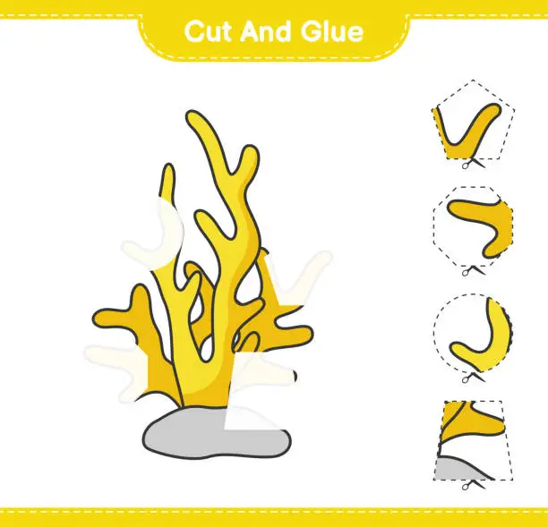 Vector illustration of Cut and glue, cut parts of Coral and glue them. Educational children game, printable worksheet, vector illustration