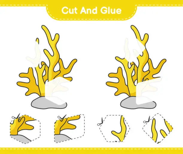 Vector illustration of Cut and glue, cut parts of Coral and glue them. Educational children game, printable worksheet, vector illustration