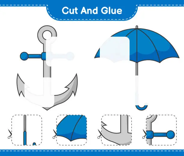 Vector illustration of Cut and glue, cut parts of Umbrella, Anchor and glue them. Educational children game, printable worksheet, vector illustration