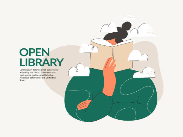ilustrações de stock, clip art, desenhos animados e ícones de woman reading open book in library landing page template or web banner. book festival, education and dreaming, culture festival day, literature event. flat vector illustration isolated on background - library young adult bookstore people