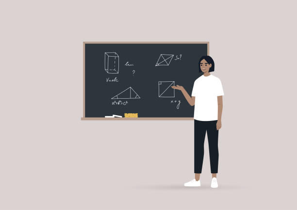 ilustrações, clipart, desenhos animados e ícones de um jovem professor explica geometria apontando no quadro negro com figuras desenhadas à mão - lecture hall silhouette classroom professor