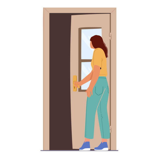 молодая девушка заглядывает в открытый дверной проем, любопытный женский персонаж, открывающий дверь, изолированный на белом фоне - door opening women doorway stock illustrations