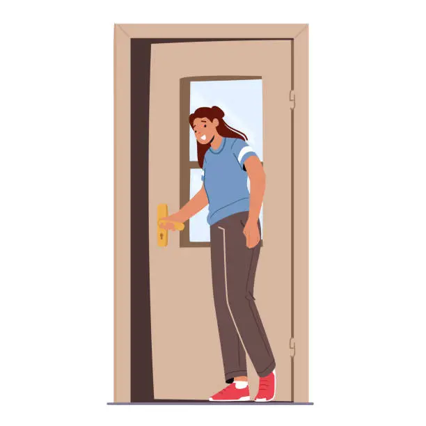 Vector illustration of Female Opening Door Leaving or Enter House, Girl Stand at Open Doorway Isolated on White Background, Entrance to Home