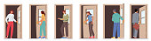 istock Male and Female Characters Opening Door, Men, Women, Business Persons Enter Open Doorway Isolated on White Background 1359748901