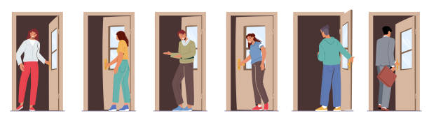 Male and Female Characters Opening Door, Men, Women, Business Persons Enter Open Doorway Isolated on White Background Male and Female Characters Opening Door, Men, Women, Business Persons Enter Open Doorway Isolated on White Background. People Leaving Home, Entrance to Apartment or Office. Cartoon Vector Illustration office leave stock illustrations