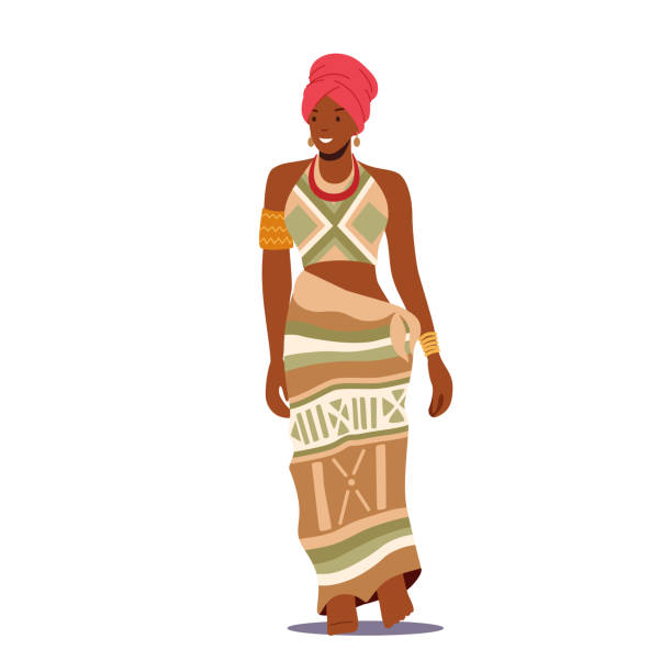 afrikanische frauen tragen traditionelle kleidung isoliert auf weißem hintergrund. tribal weiblicher charakter trägt turban und kleid - turmi stock-grafiken, -clipart, -cartoons und -symbole