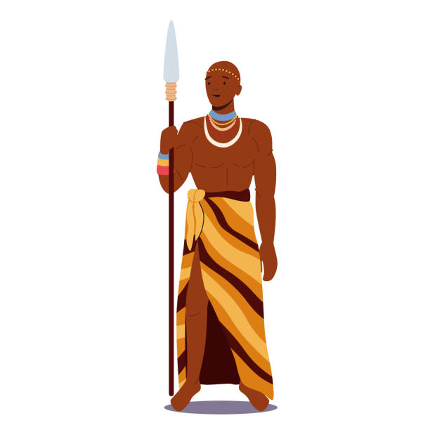 afrikanische männer tragen stammeskleidung und halskette halten speer. porträt des männlichen charakters mit dunkler haut, krieger mit waffe - turmi stock-grafiken, -clipart, -cartoons und -symbole
